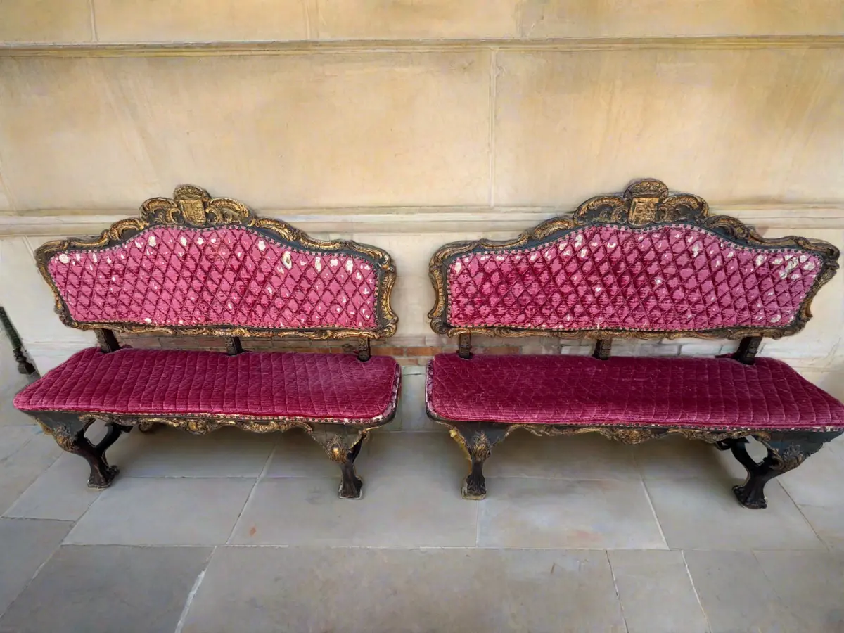 Pair Of Italian Gilt Benches With Rod As Is Fabric 1