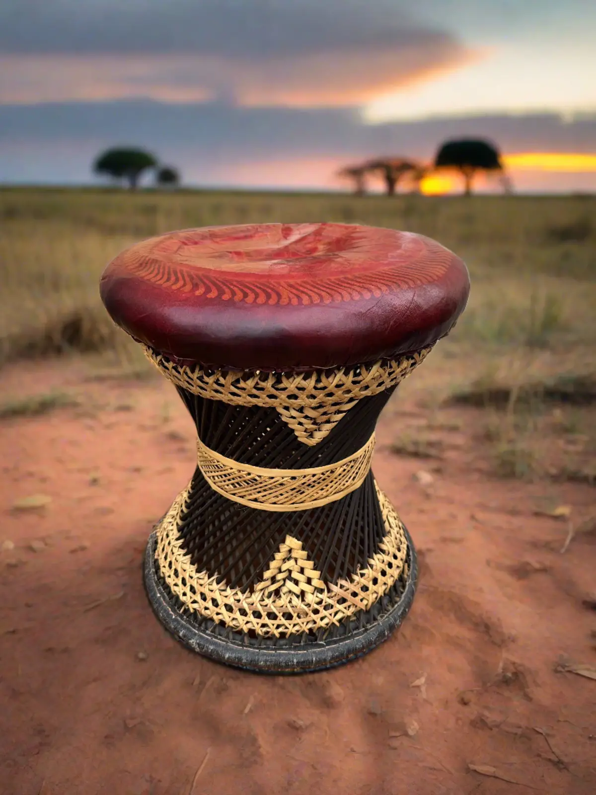 Leather Top Woven African Stool 1