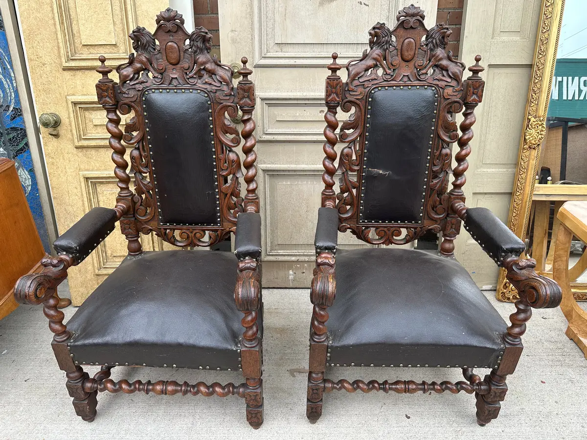 Pair Of Louis Xiii Barley Twist Oak Armchairs With Lion Crest 1
