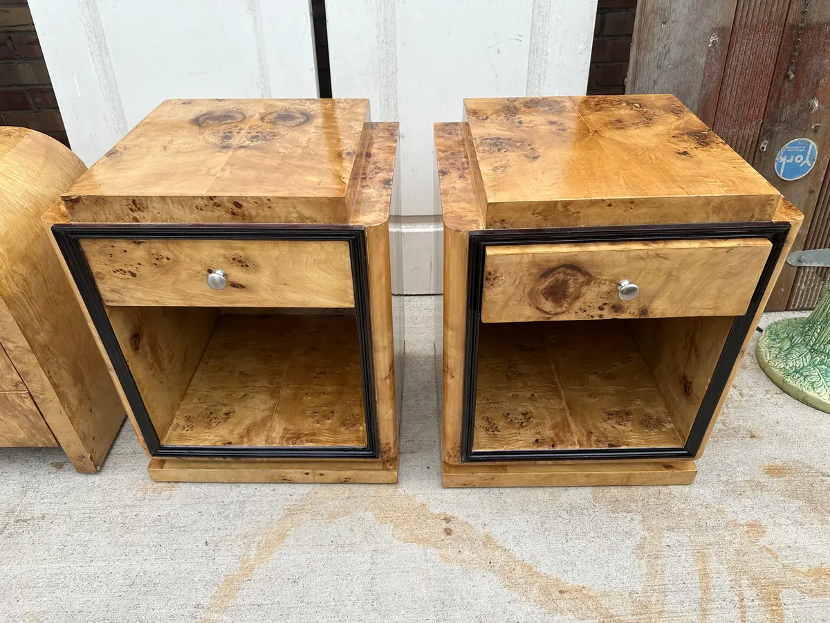 Pair Of Ebonized Trim Art Deco Bird's Eye Maple Side Chests 1