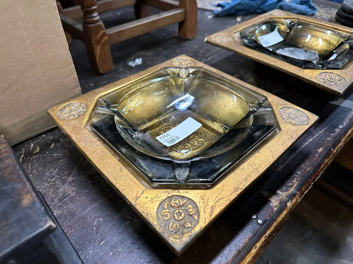 Large Smoked Glass Ashtray In Gold Base 1