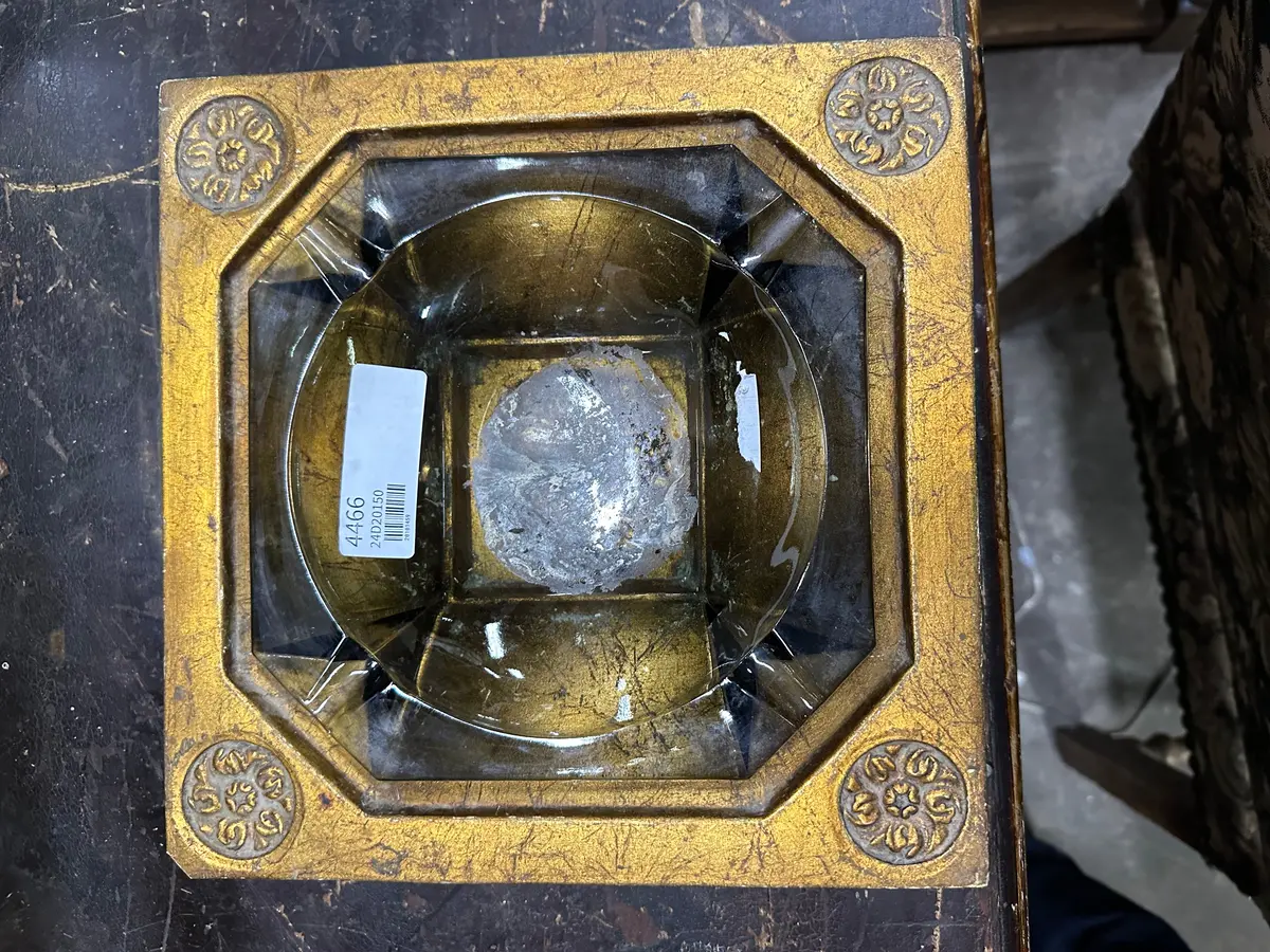 Large Smoked Glass Ashtray In Gold Base-As Found 1