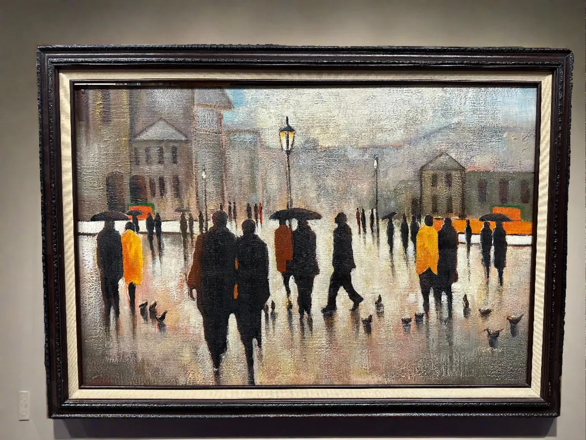 Large Vintage Oil Painting On Canvas Of A Rainy Street Scene 1