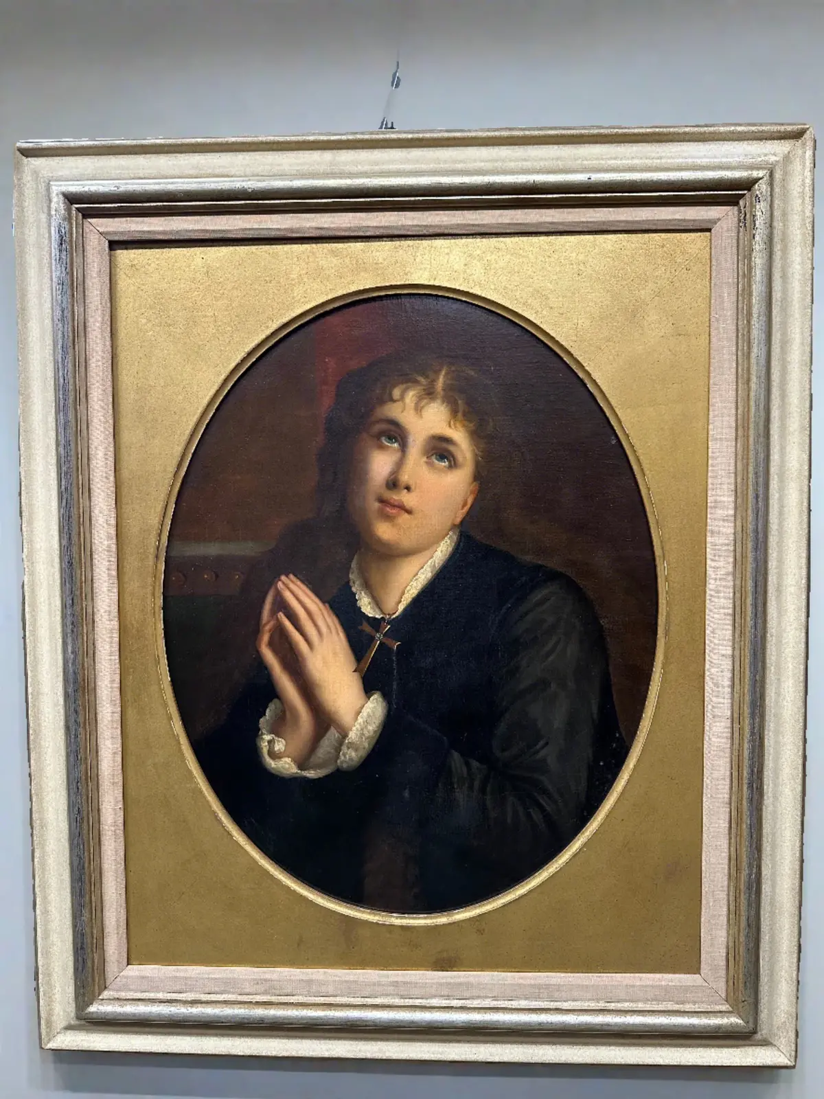 19Th Century Framed Oil Painting Of A Girl Praying 1