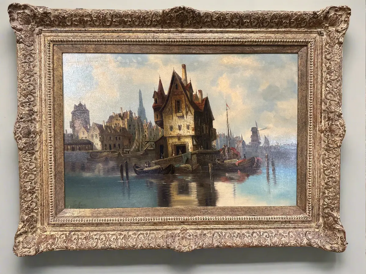 Large Oil Painting Of Dutch Harbor Wharf By Listed Artist Jan Hoom 1