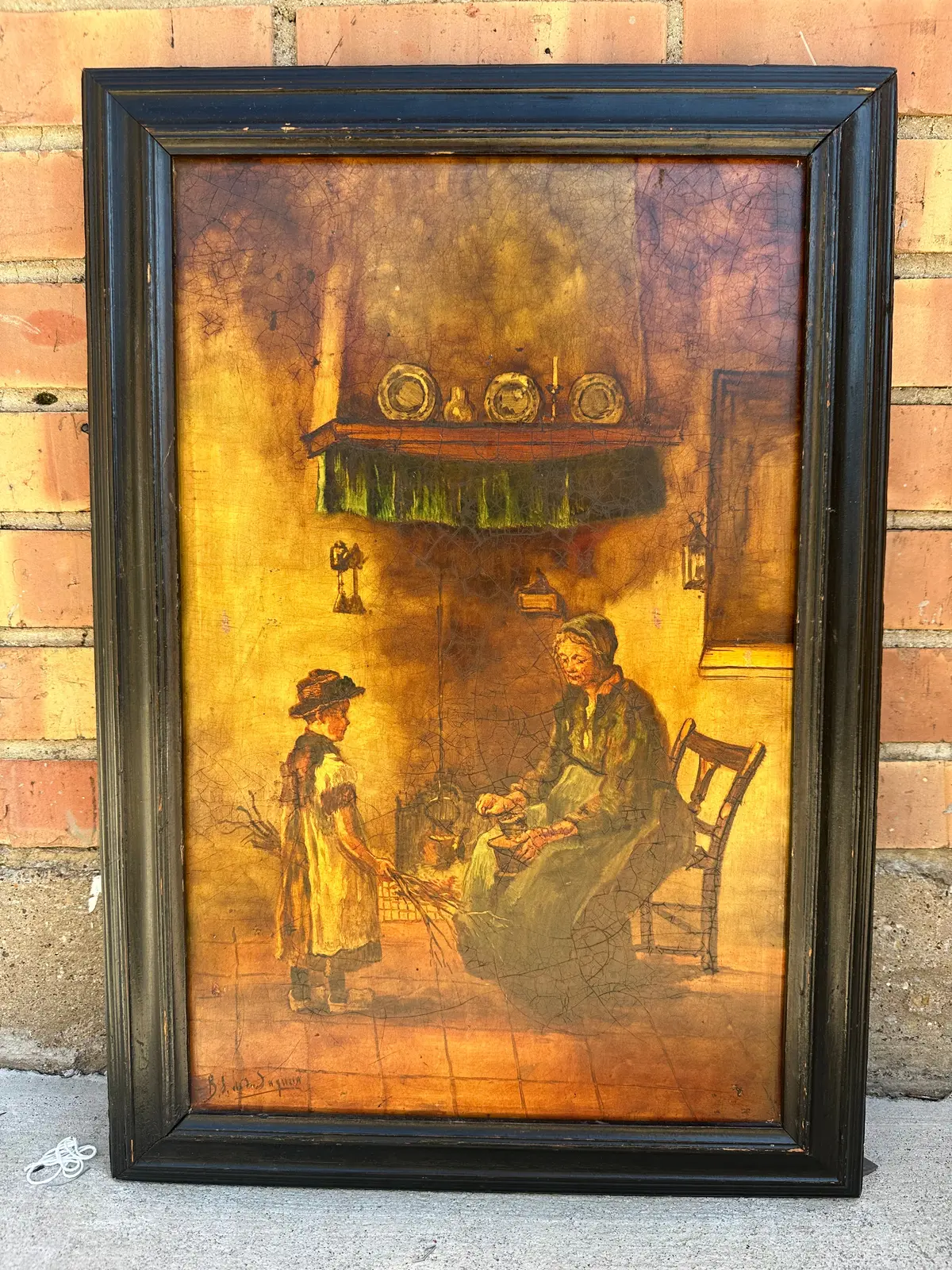 Signed Sequin 19Th Century Genre Painting On Tile 1