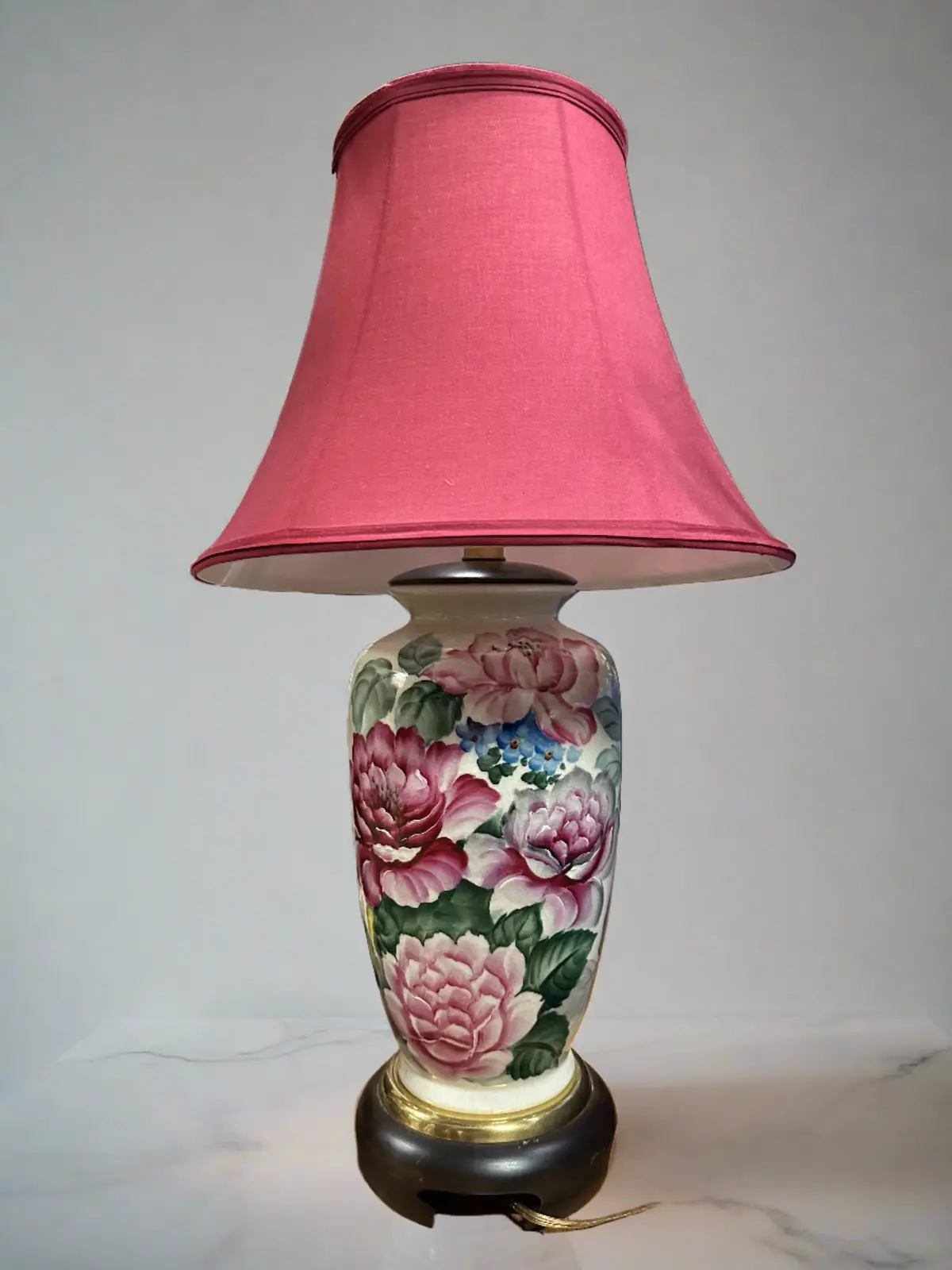 Wood Base Porcelain Chinese Floral Lamp With Purple Shade 1