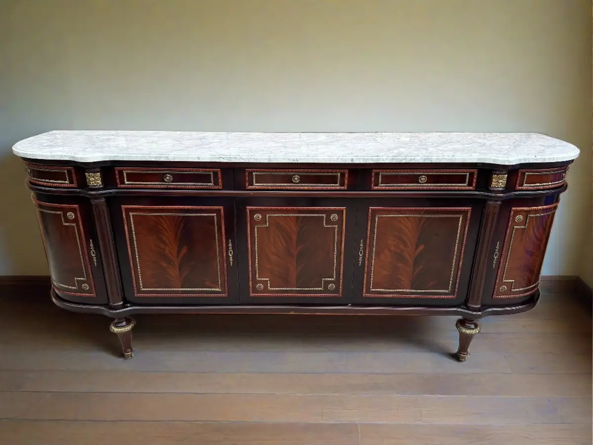 Long Louis Xvi Dark Mahogany Sideboard With White Marble Top 1