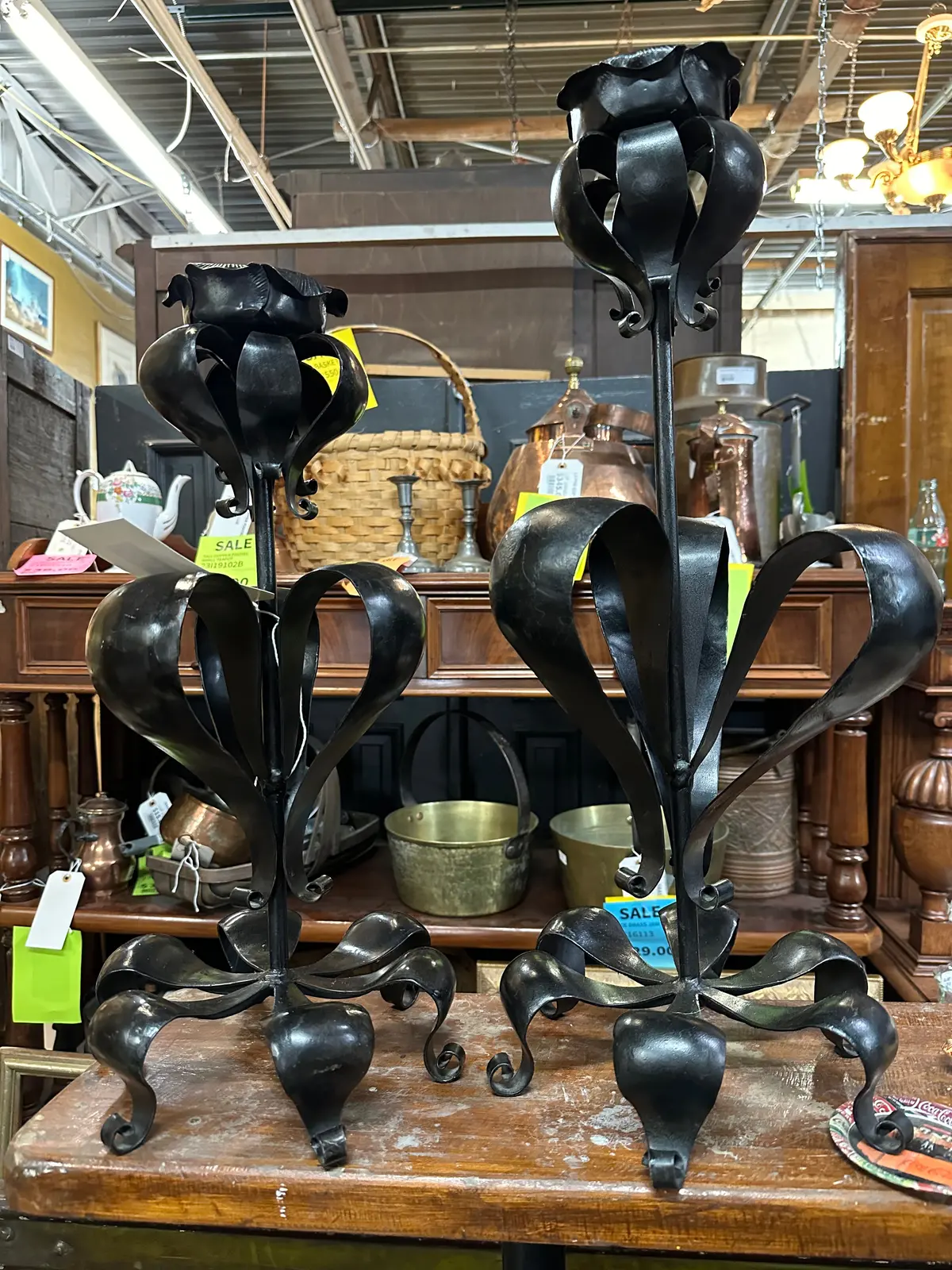 Pair Ornate Iron Candle Sticks 1