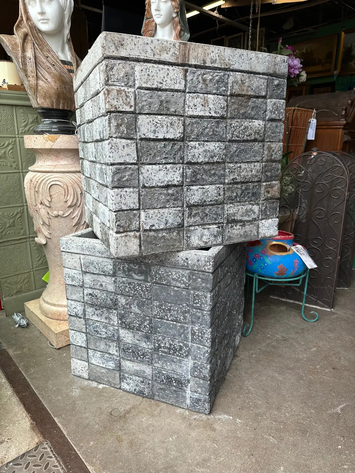 Pair Of Terra Cotta/Concrete Cube Planters 1