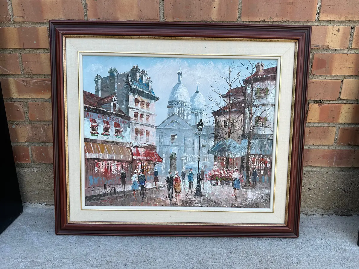 Oil On Canvas Impasto Impressionist Painting Of Paris Cafe Street Scene Signed Burnett 1
