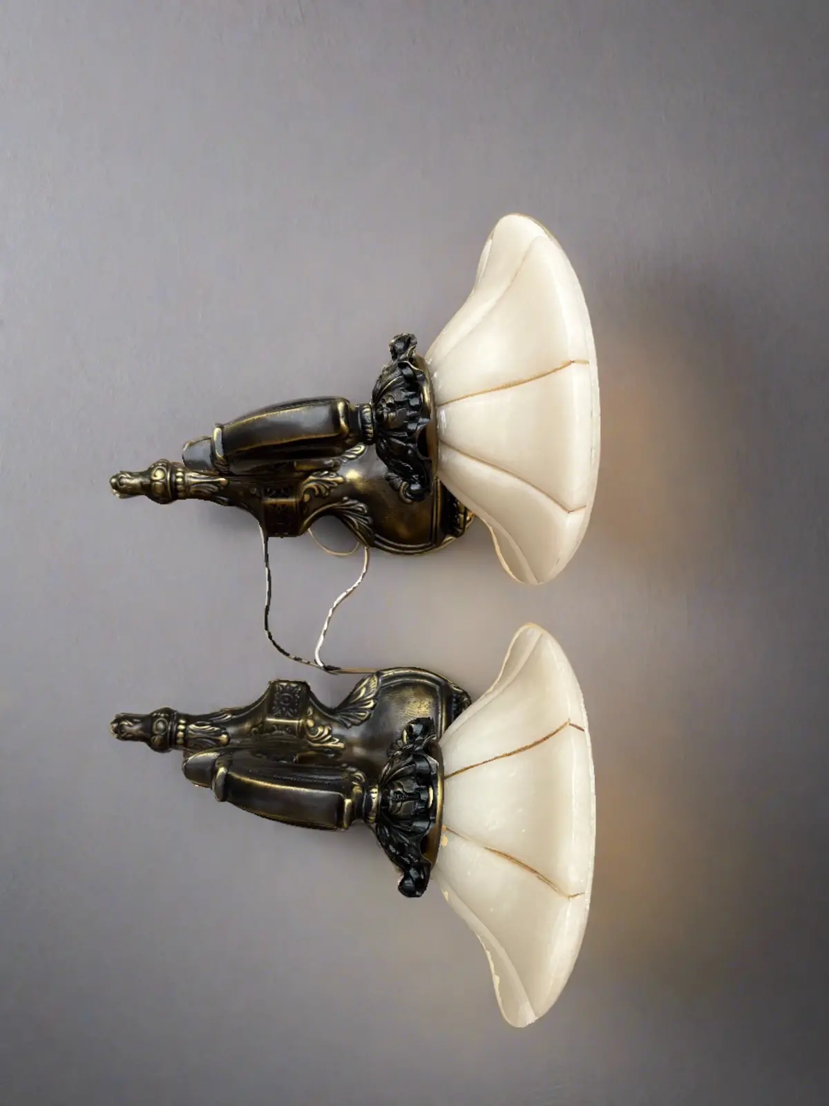 Pair Of Vintage Brass Sconces With Alabaster Shades 1