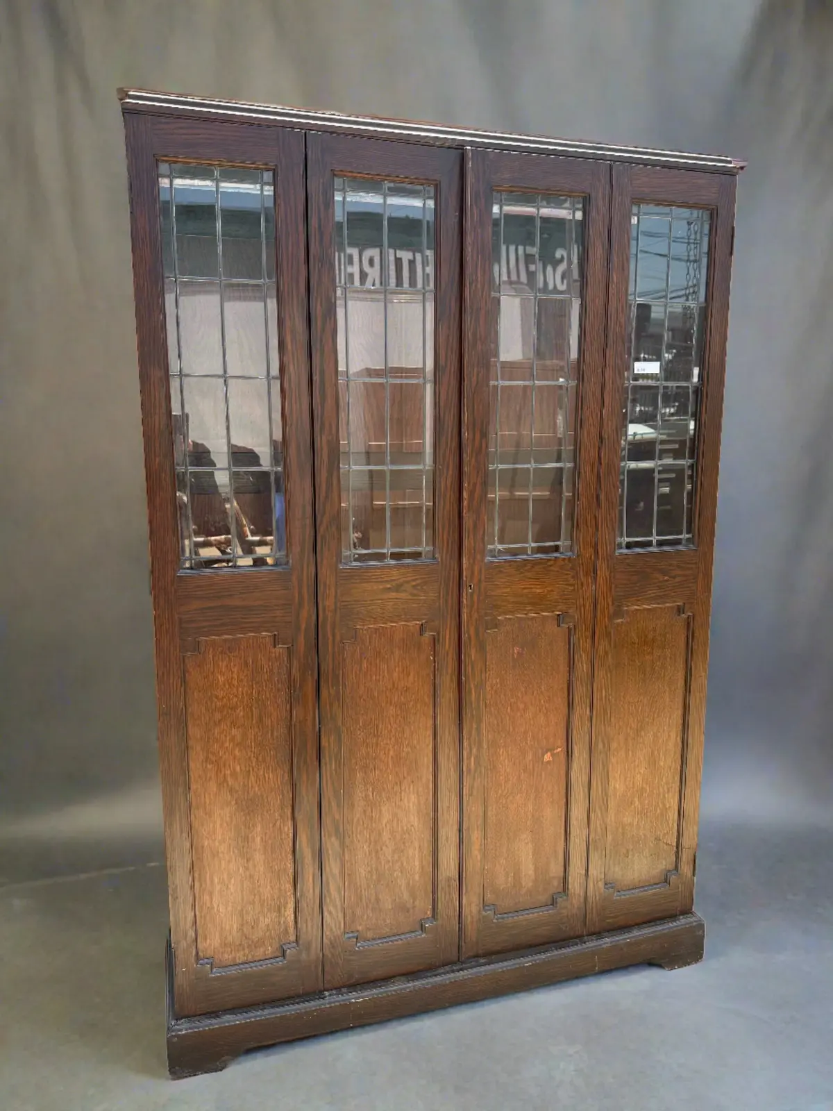 English Oak Leaded Glass Bookcase As Found No Shelves 1