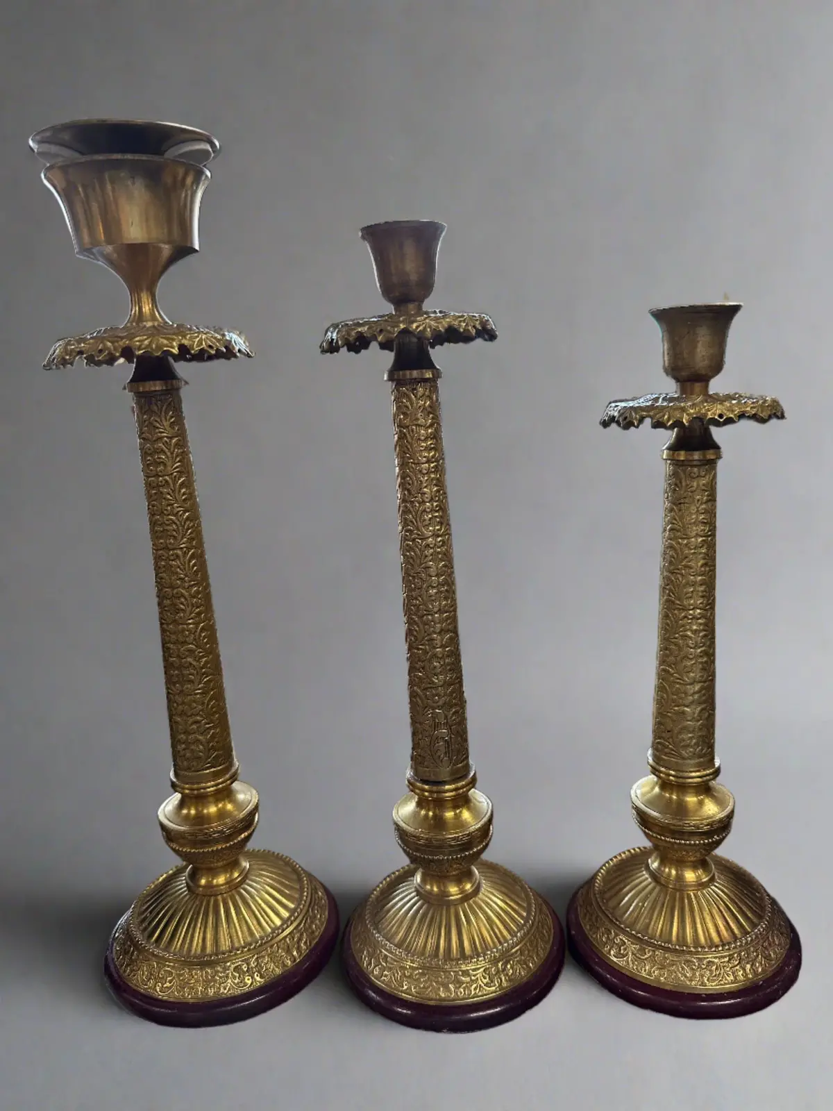 Set Of 3 Vintage Brass Graduated Candle Sticks 1