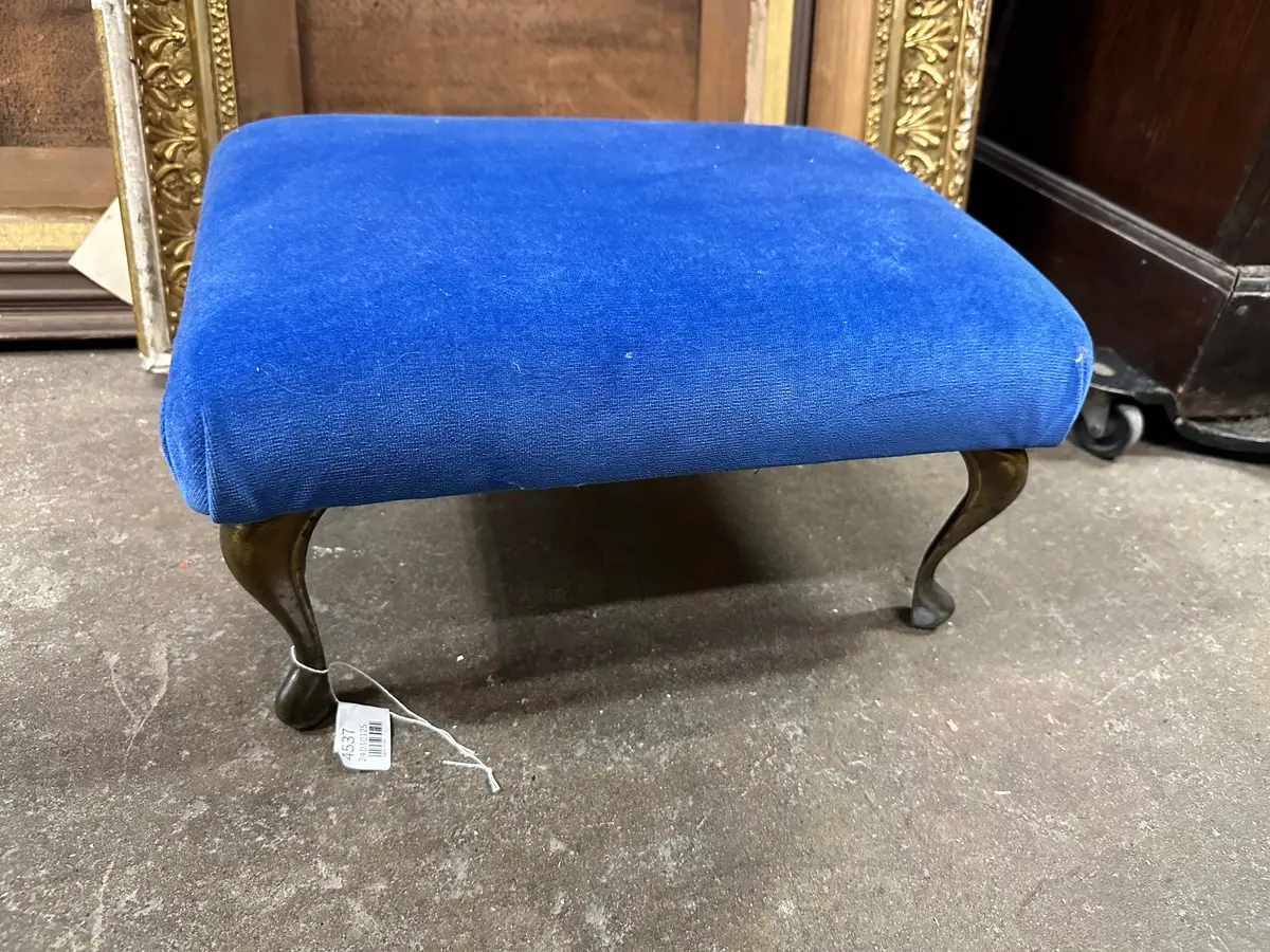 Small Blue Upholstered Stool With Brass Legs 1