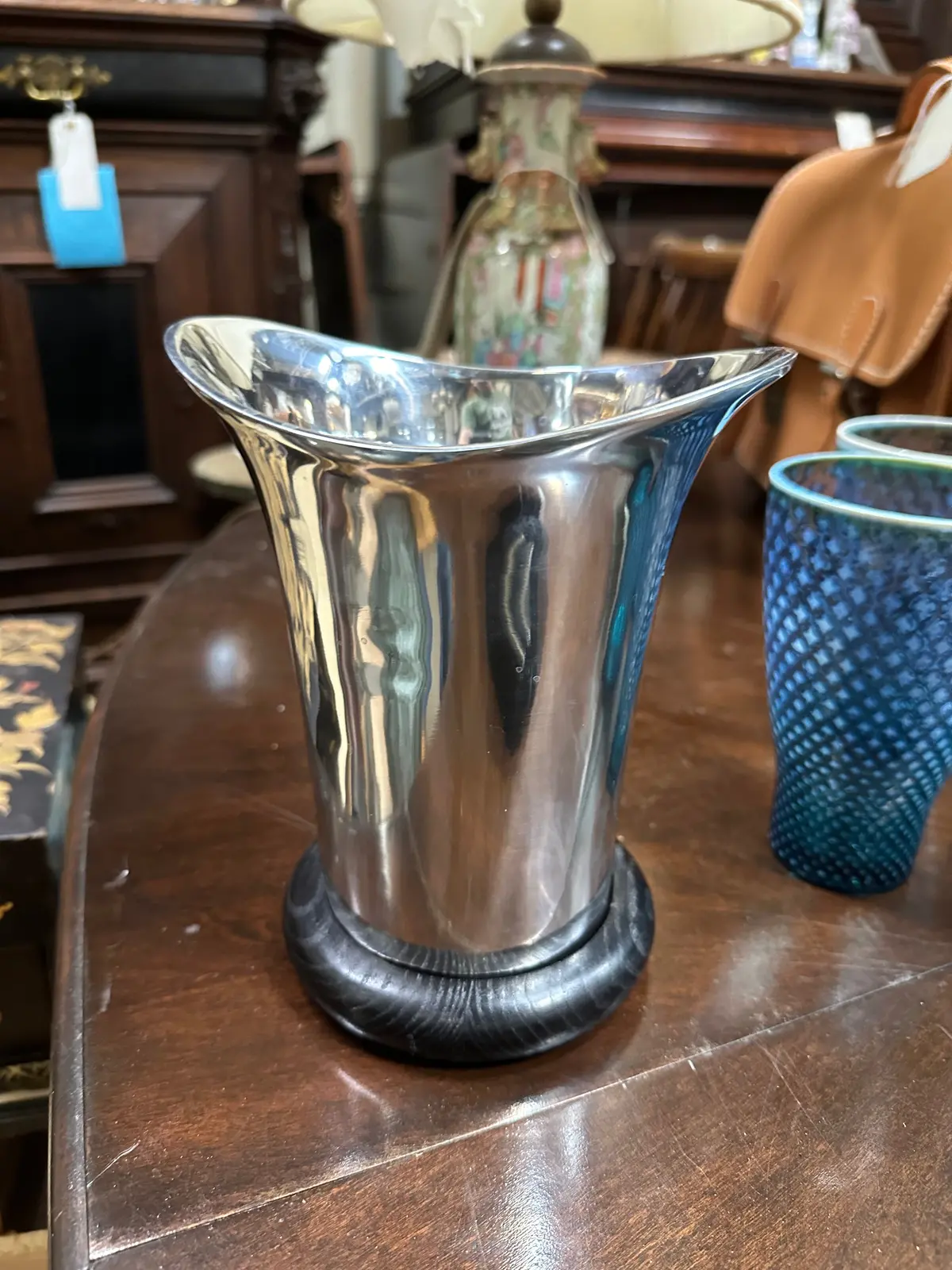 Beatriz Chrome Vase On Wood Base 1