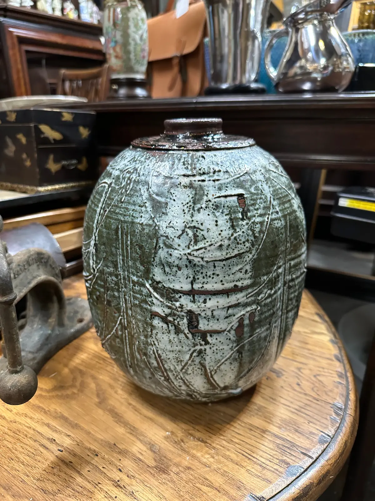 Blue And Brown Glazed Pottery Vase-Signed 1