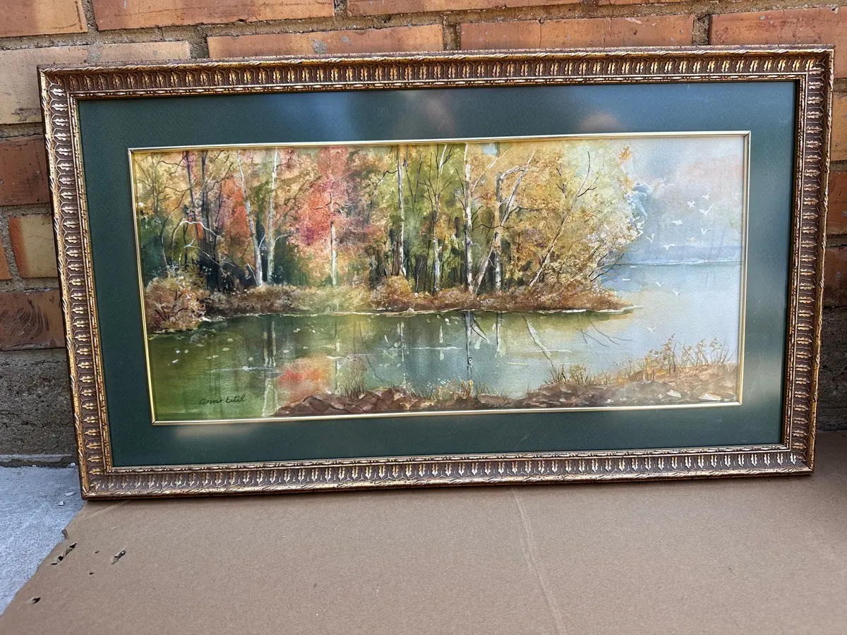 Lake With Fall Leaves And Birds Watercolor By Ann Eitel 1