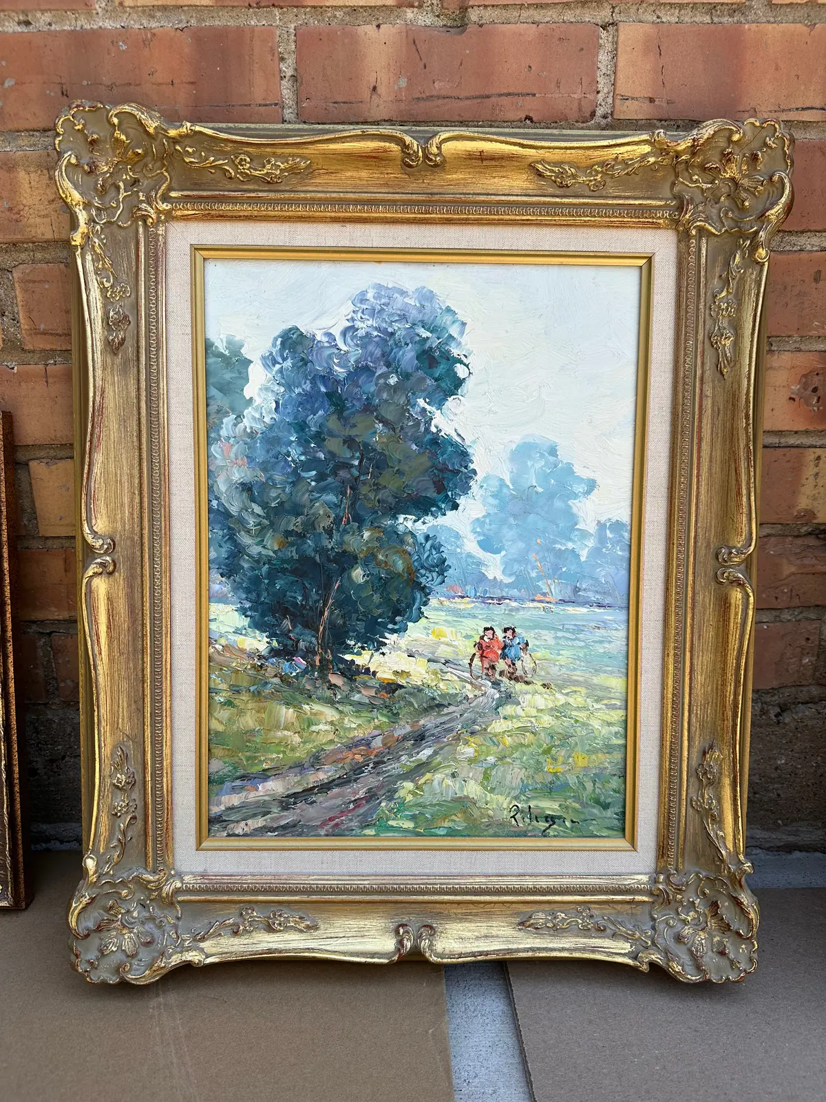 2 Girls Rolling Hoops By A Tree Oil On Canvas 1