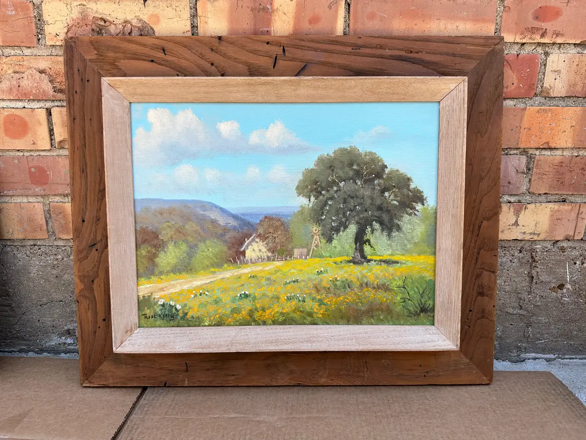 Rustic Frame Oil Painting Of A Farm With Windmill By Rose King 1