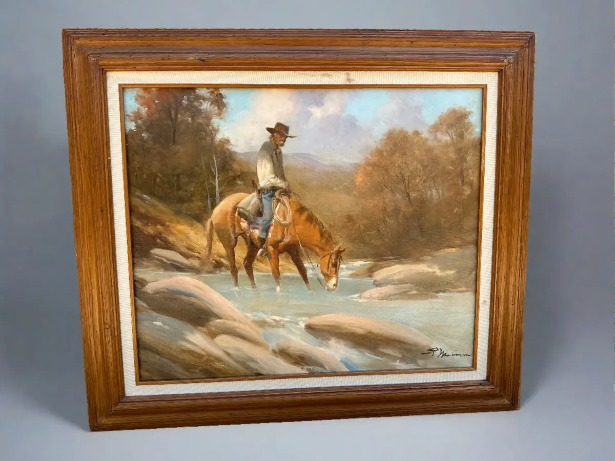 Framed Oil Painting Of Cowboy And Horse Drinking Water By Gerald Mccann 1