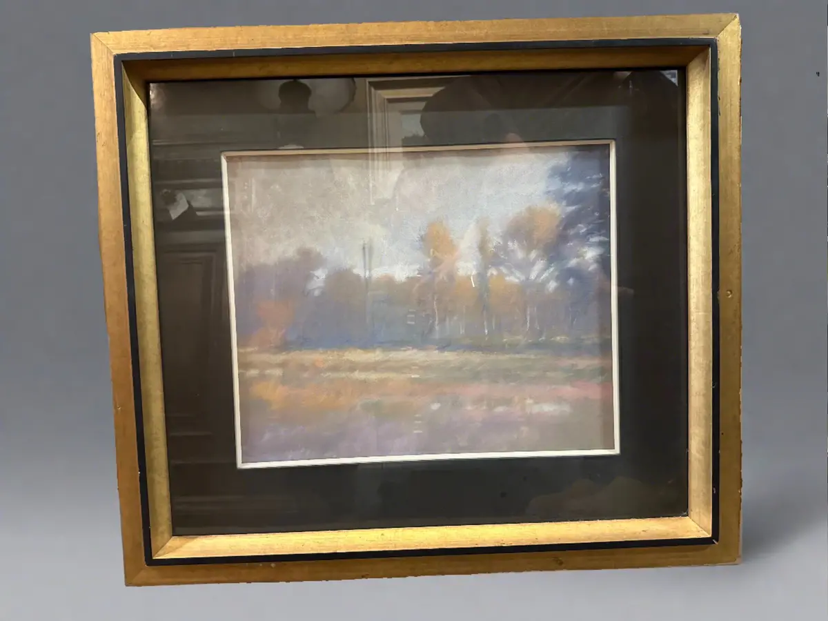 Framed Pastel Of A Hazy Marsh With Tree 1