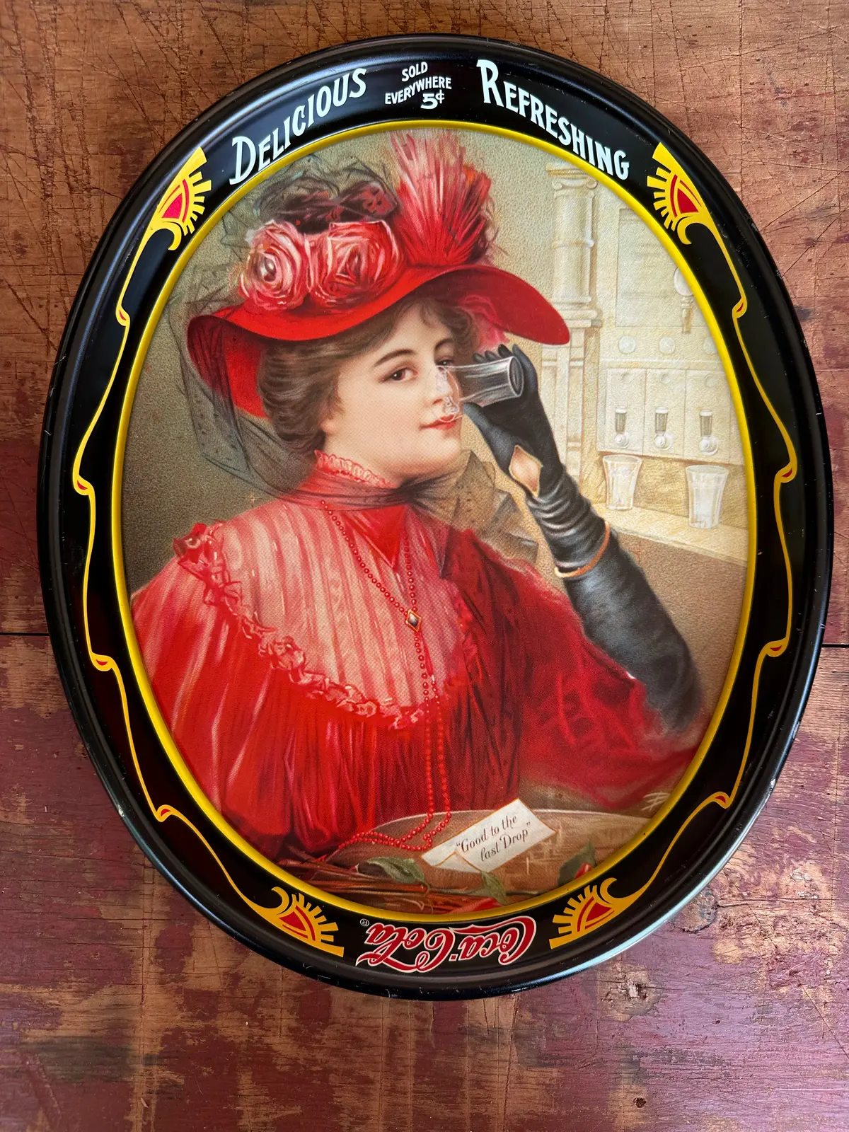 Oval Coke Tray Reprouction Red Dress 1