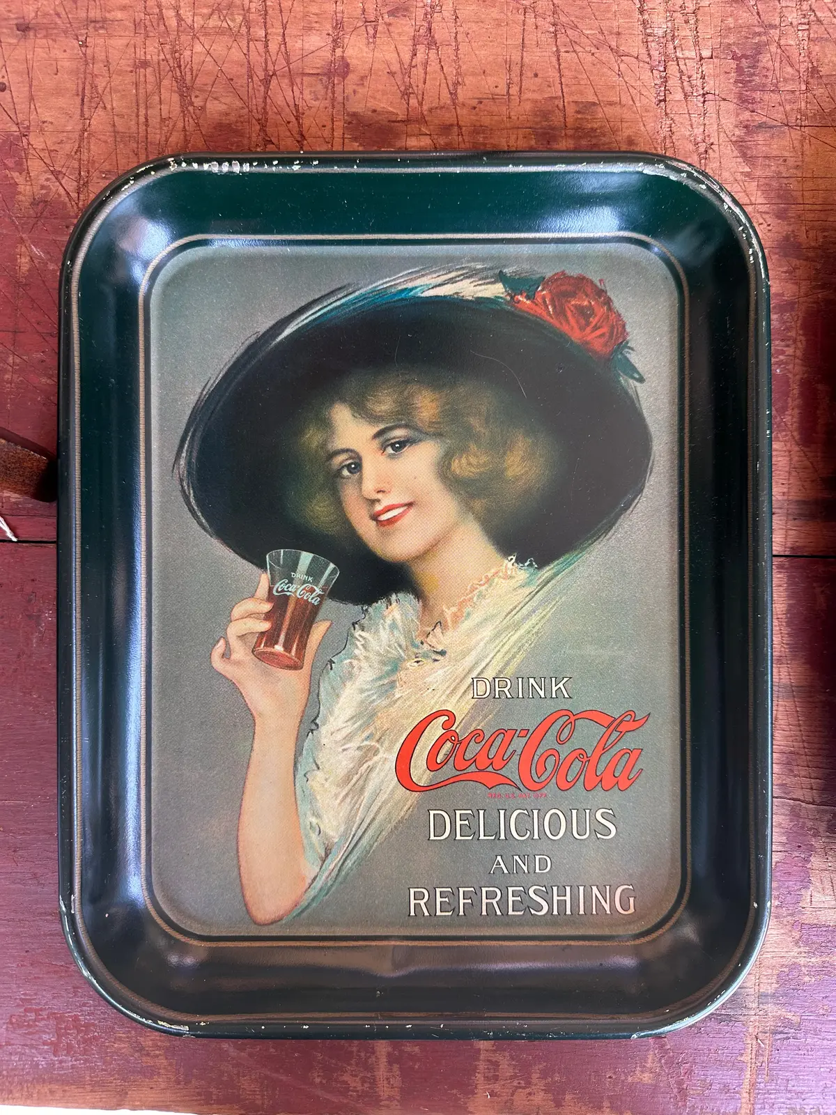 Rectangular Coke Tray Reproduction Red Rose Hat 1
