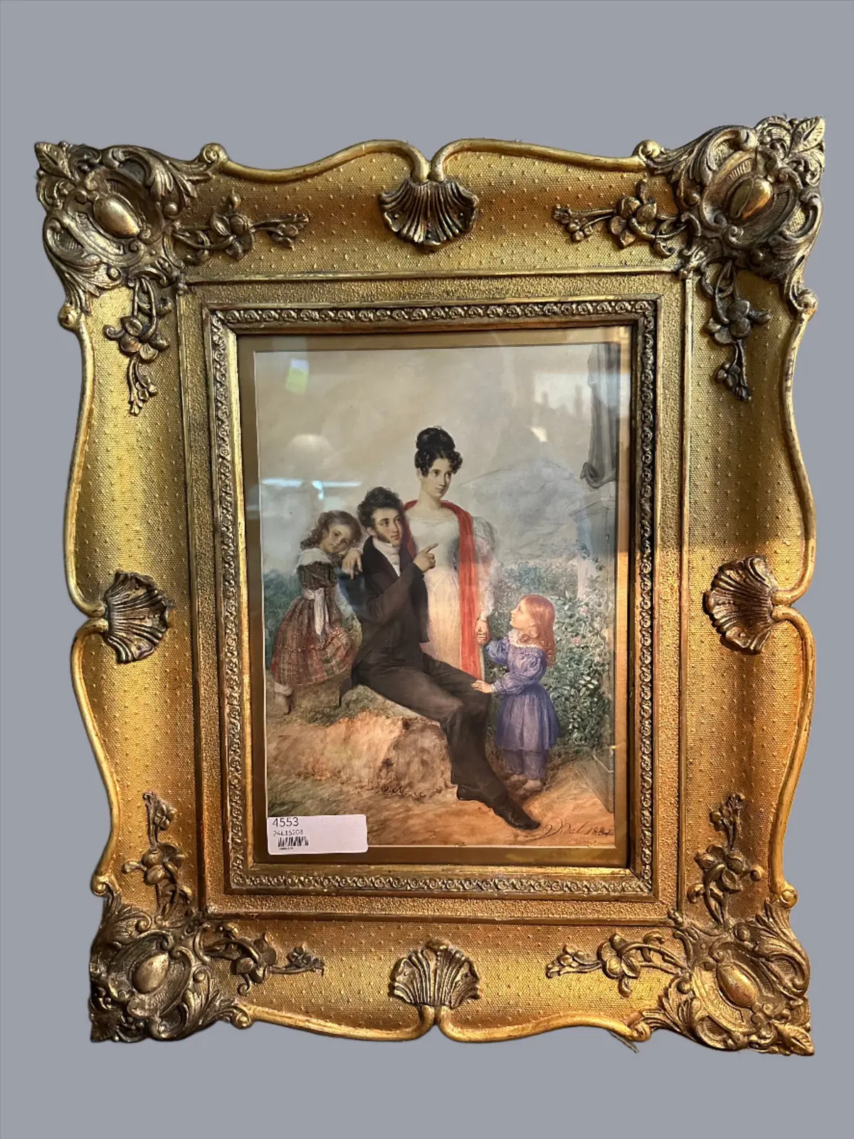 Gilt Framed Watercolor Of A Family Signed Vidal French 1