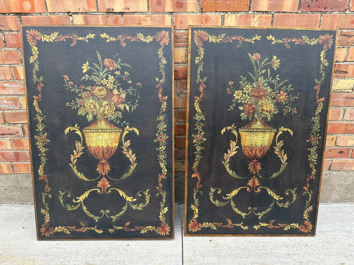 Pair Of Painted Floral Urns On Board Not Old 1