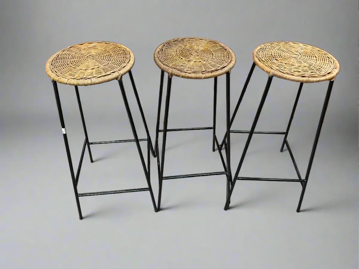 Set Of 3 Rattan With Steel Bar Stools 1