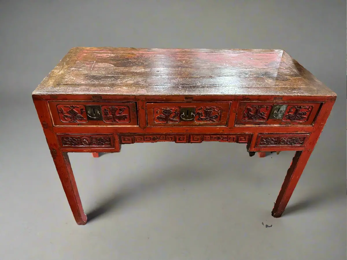 Chinese Red Lacquer Carved Hall Table With Mortise And Tenon Construction 1