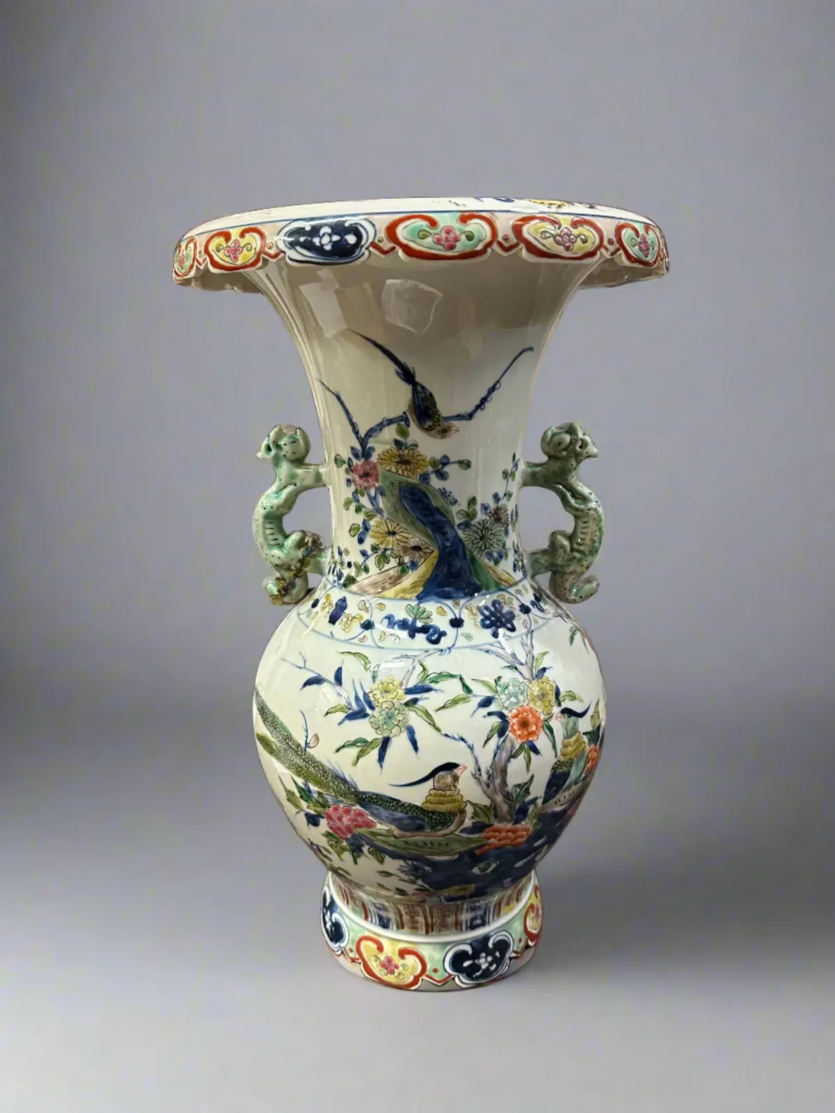 Large Asian Polychrome Vase With Wide Mouth Signed 1