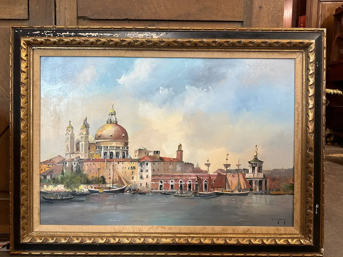 Black And Gold Framed Venetian Grand Canal Oil Painting 1