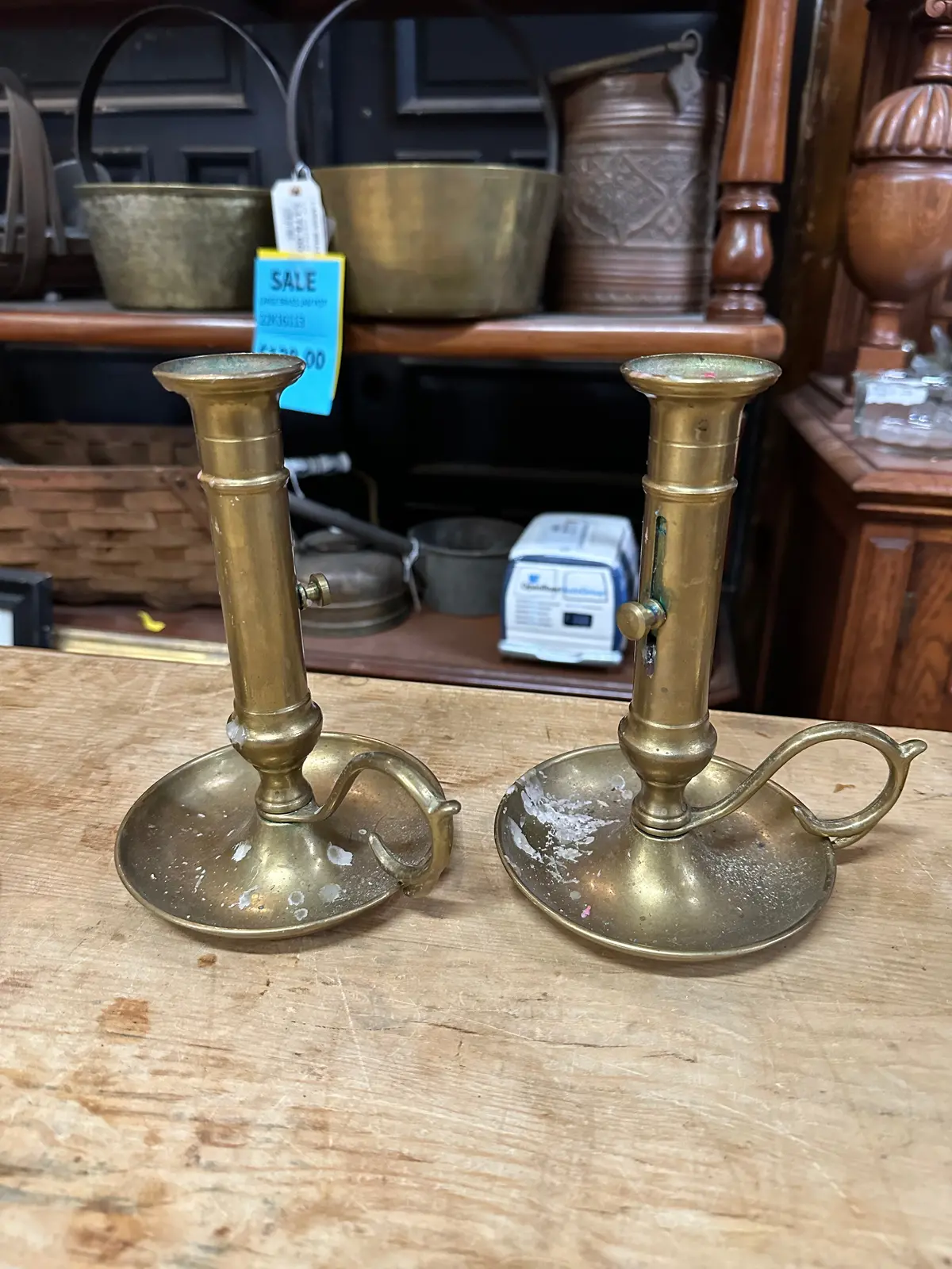 Pair Of Early Brass Adjustable Candle Stands 1