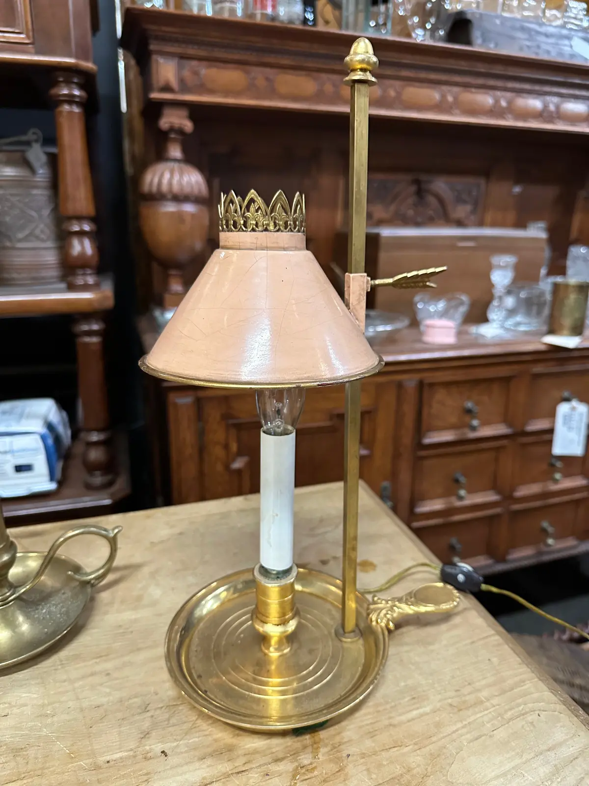 Brass Candle Stick Lamp With Tole Shade 1