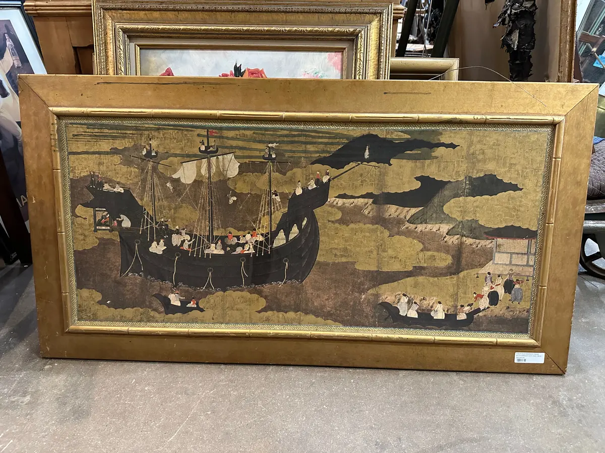 Gold Faux Bamboo Frame With Chinese Ship And Crew 1