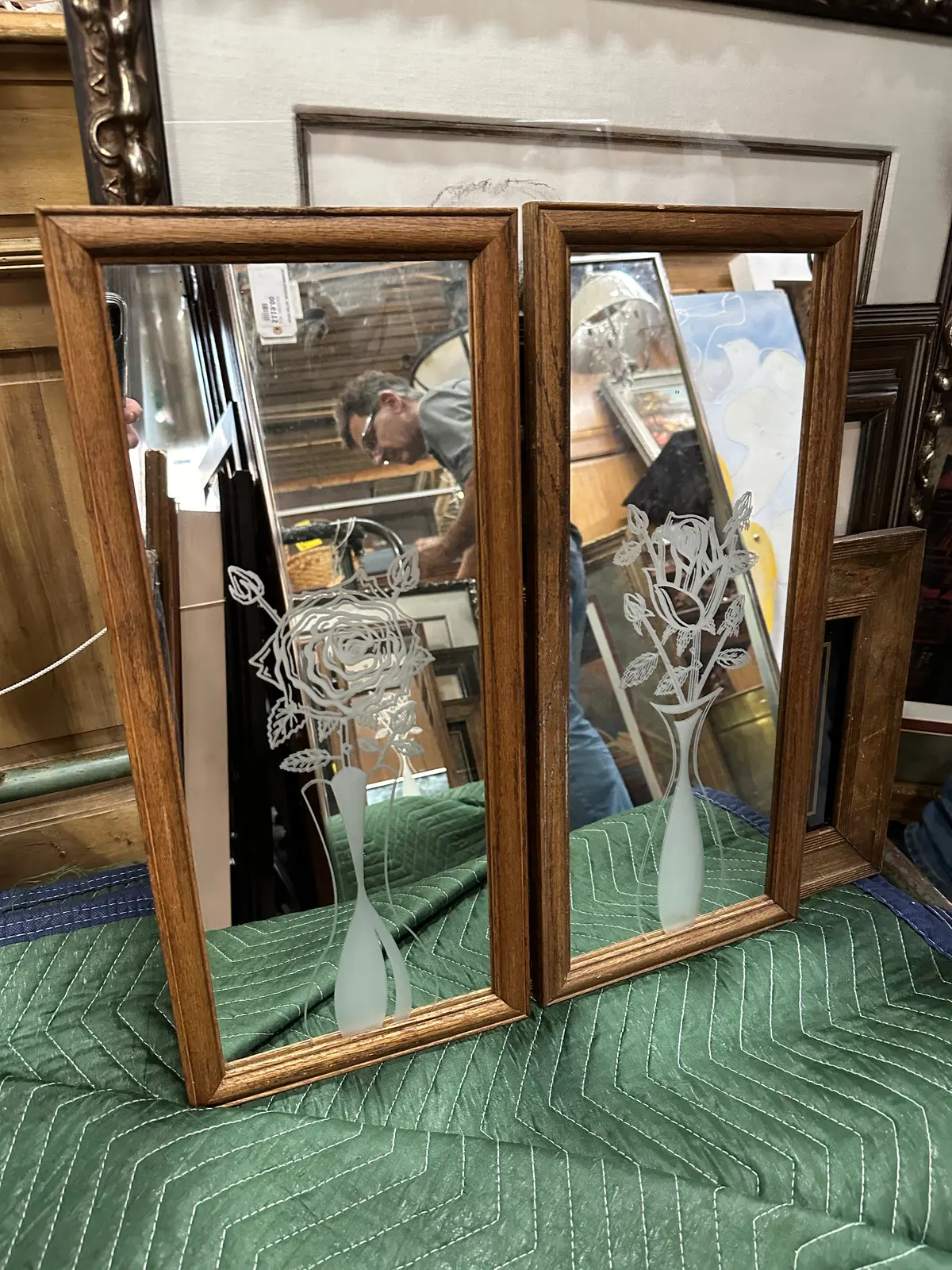 Pair Of Vintage Mirrors With Etched Flowers 1