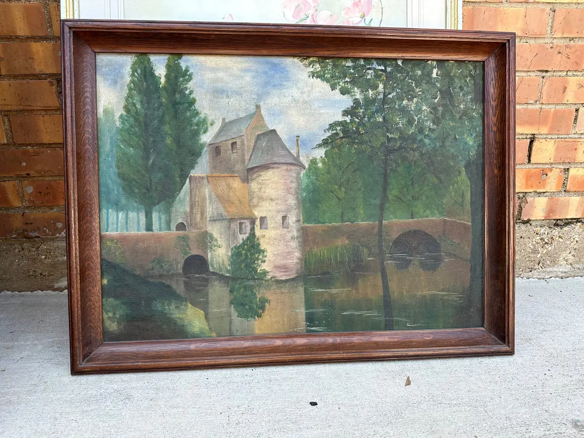 Oak Framed Dutch Landscape With Bridge Oil Painting 1