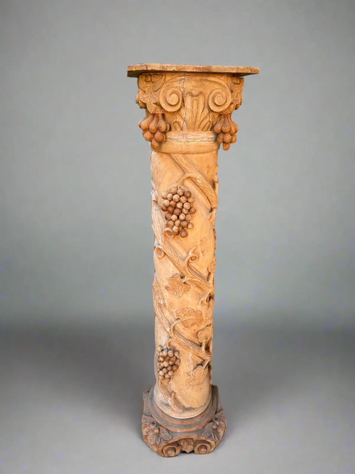 Raw Wood Carved Column With Grapes 1