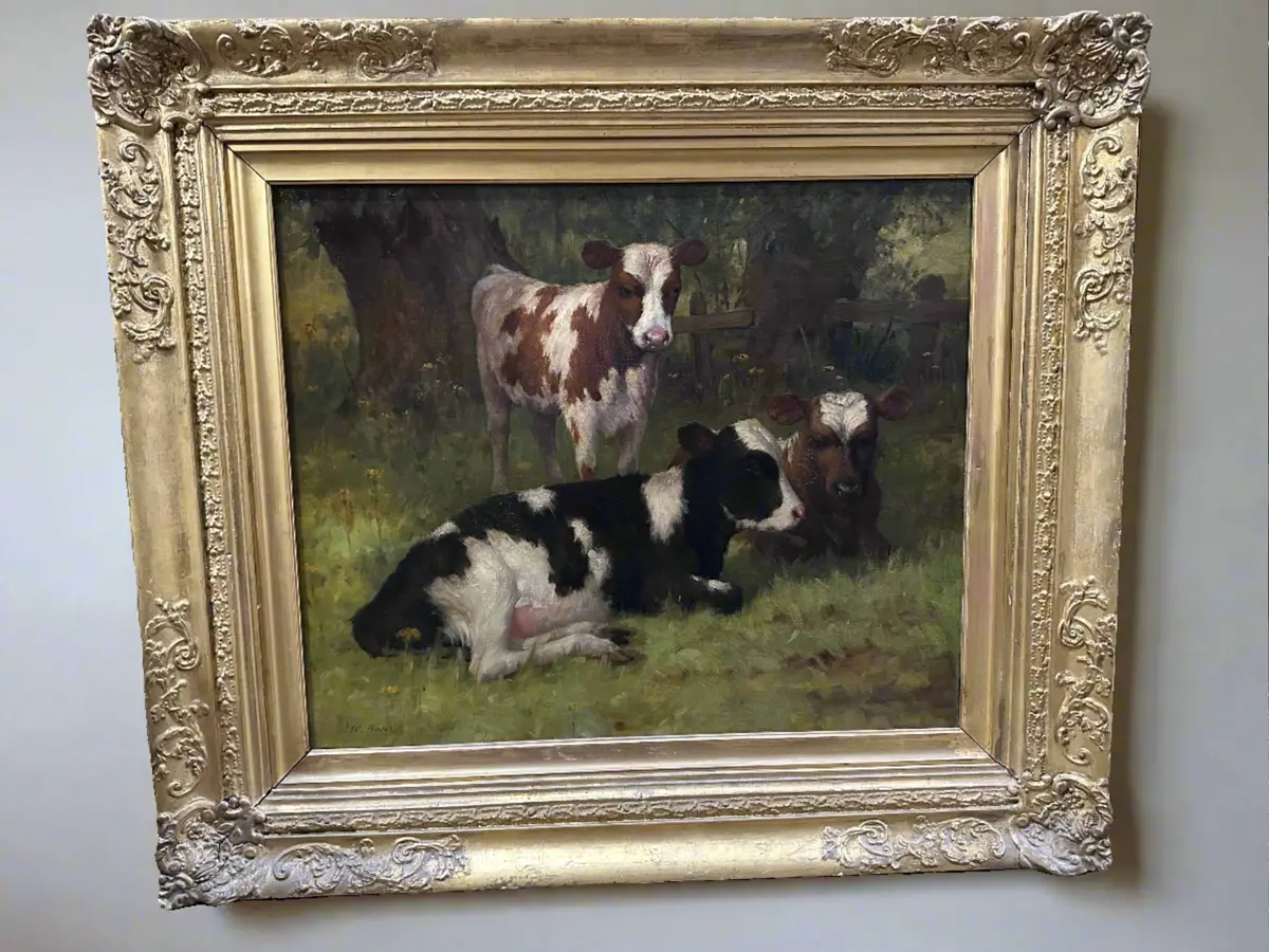 W Barr Oil Painting Of Cows In Gold Frame 1