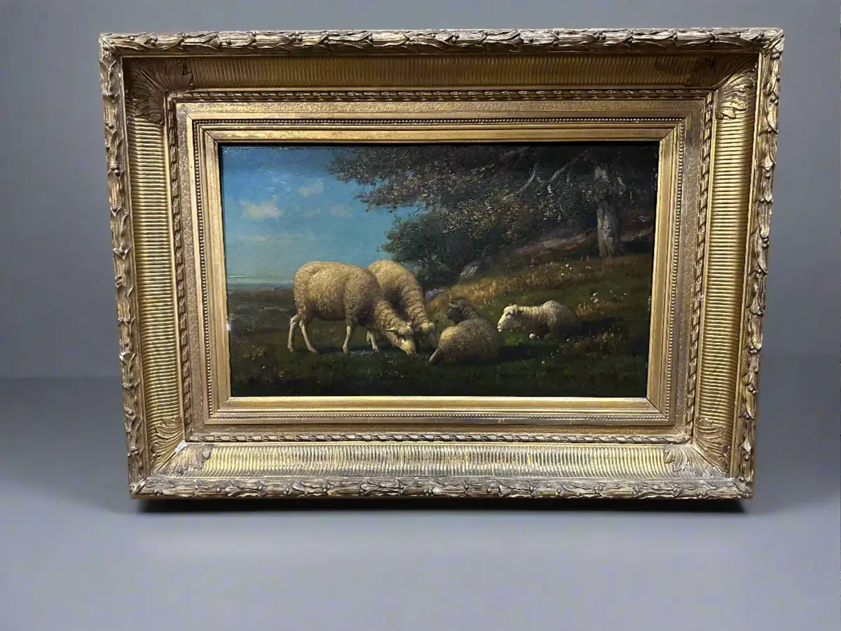 Oil Painting Of A Flock Of Sheep In Gold Frame 1