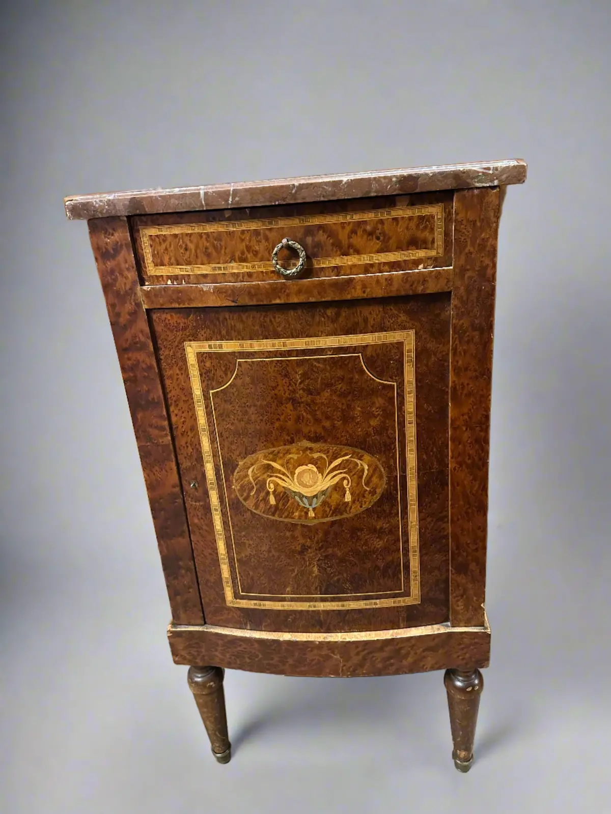 Marble Top Inlaid Burled Walnut Stand With Drawer 1