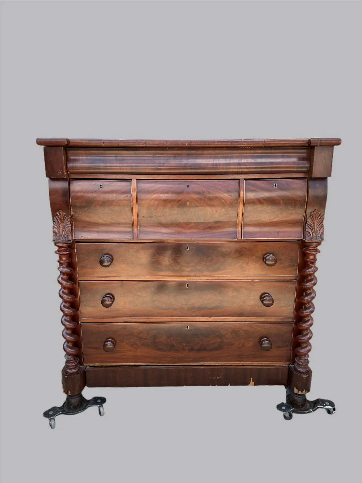 English Burled Mahogany Chest With Barley Twist Columns 1