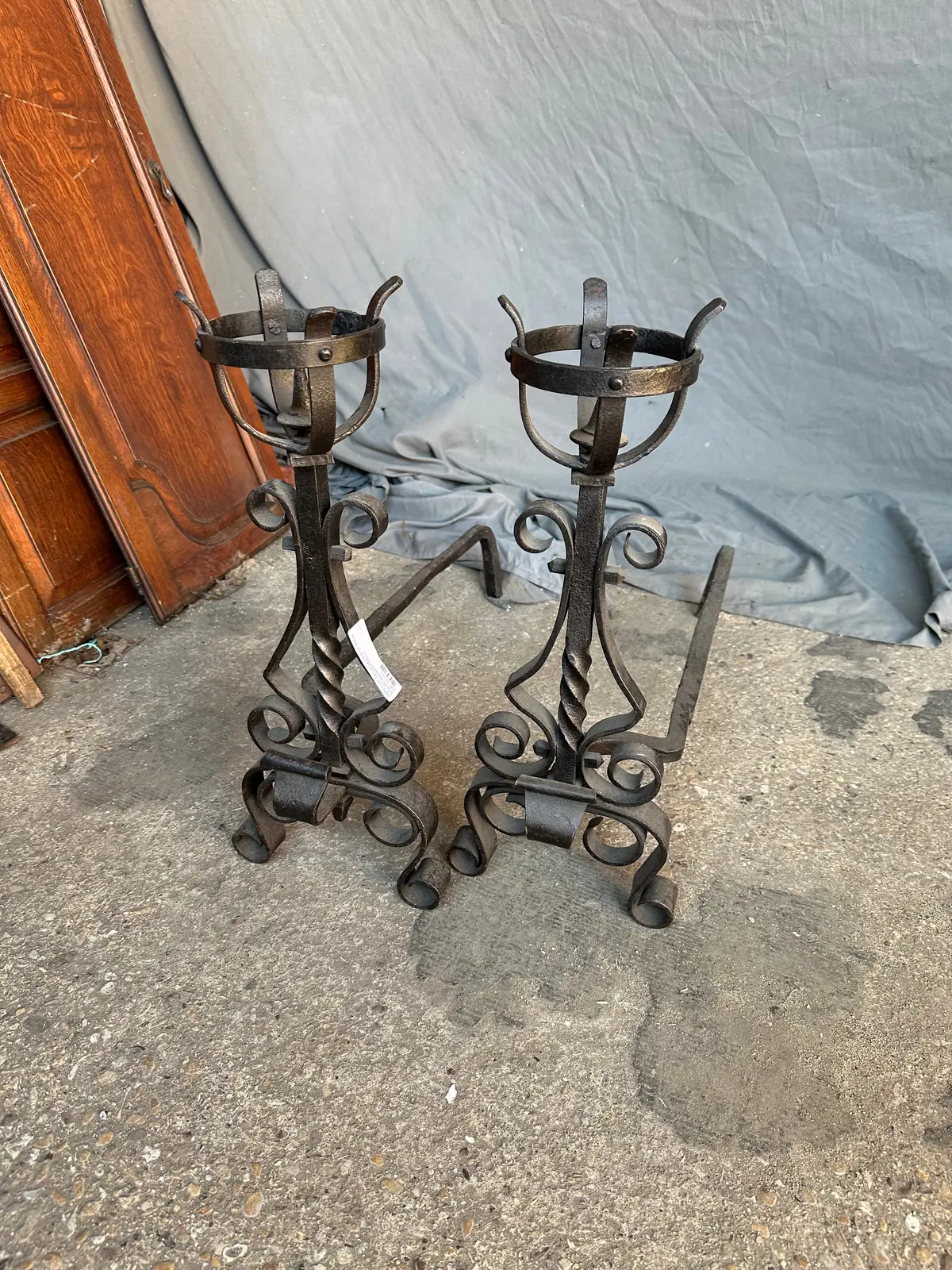 Antiquie French Pair Of Iron Andirons With Twist 1