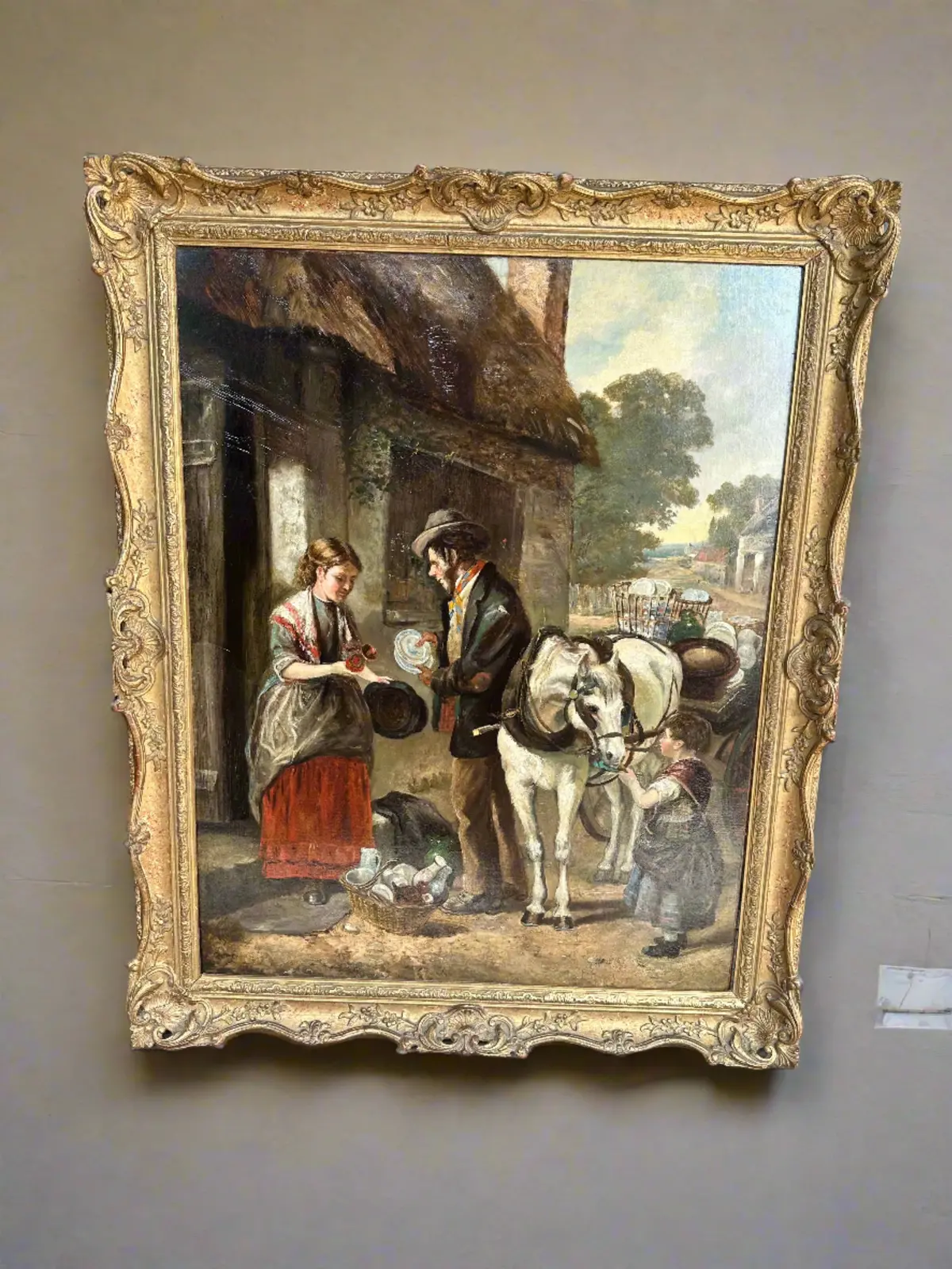 Large Vertical Oil Painting Of A Young Lady With A Traveling Merchant 1