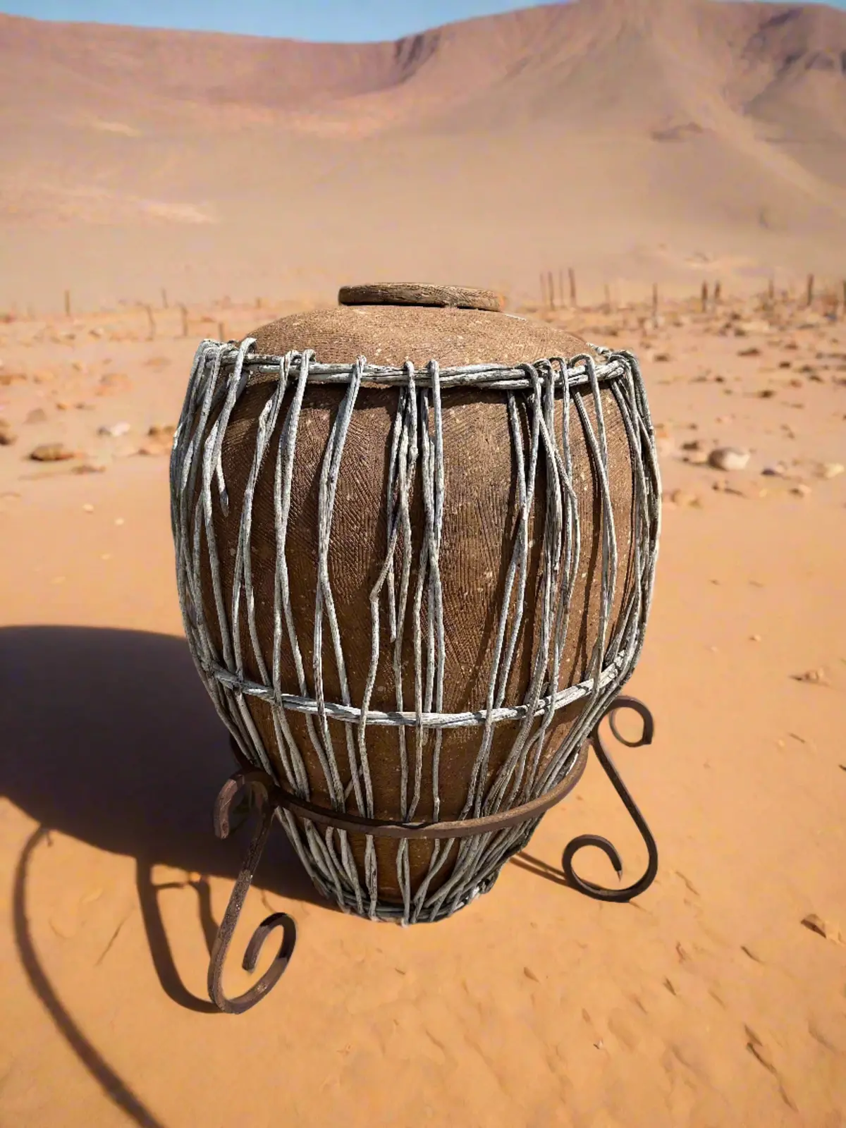 Hand Thrown Large Clay Pot On Metal Stand 1