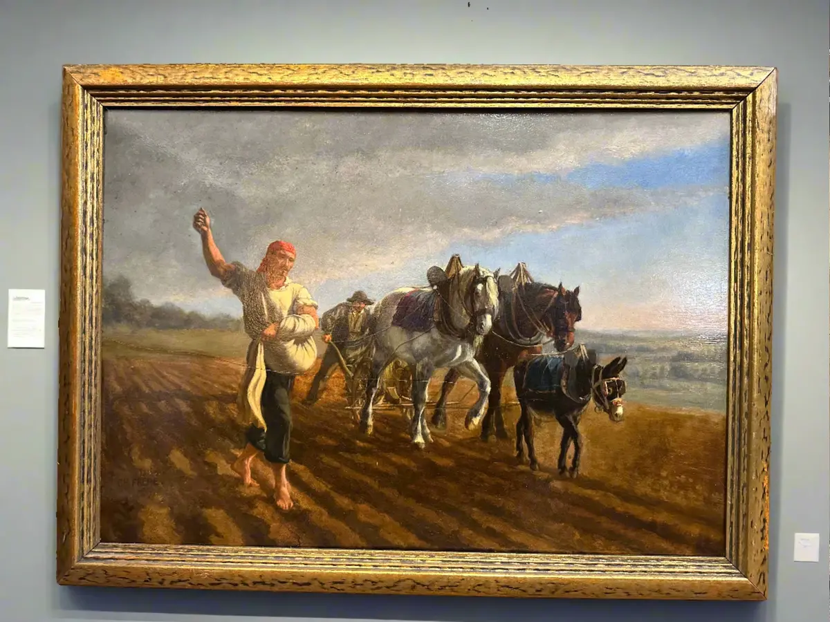 Framed Landscape Oil Painting Of Man Working A Field By Charled Edourd Frere 1