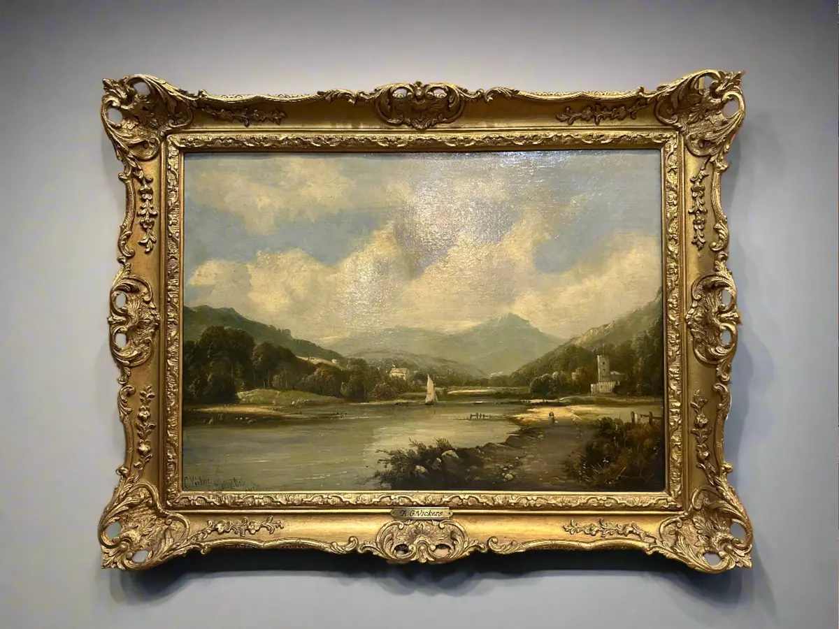 Framed Landscape Oil Painting With River And Boat  By C Vickers 1
