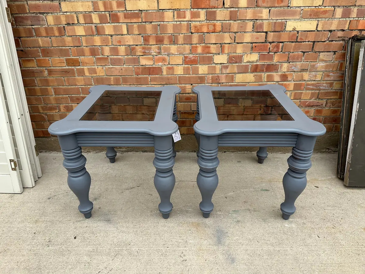 Pair Of Grey Painted  Glass Top End Tables 1
